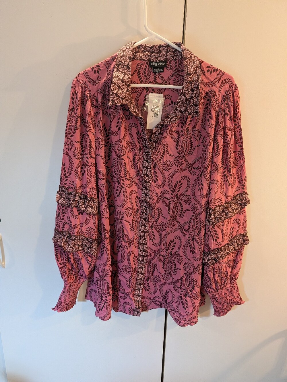 City Chic Lylah Rose-Pink Printed Button Front Blouse Large NWT